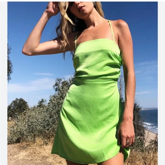 lime green spaghetti strap dress Berylove Women Light Green Homecoming Dress with Slit Spaghetti Straps Bodycon Corset Satin Mini Cocktail Party Dress, Light Green / US8 main image 0